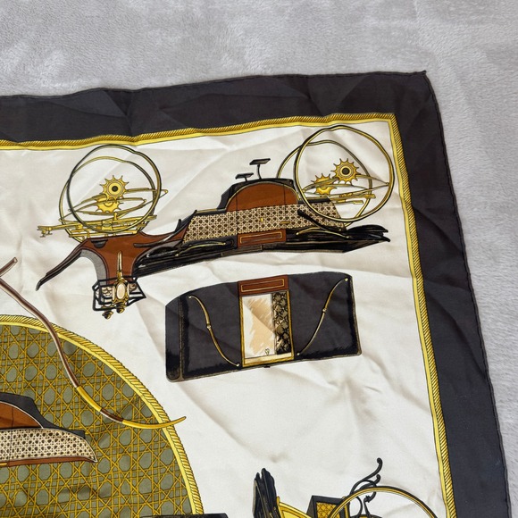VTG Hermes Les Voitures A Transformation Silk Scarf Womens Brown Gold 35"/90 Cm - Picture 5 of 8